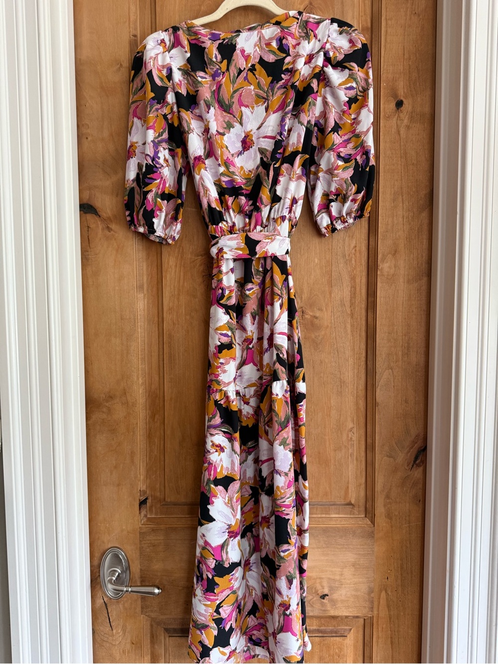 Black Floral Midi Dress with Puff Sleeves in Pink and White